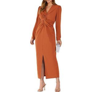 Fall Fashion 2023 Long Puff Sleeve Maxi Dresses Brown